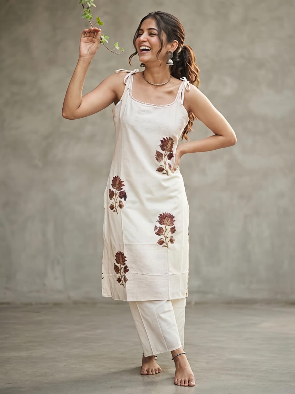 Brown Floral Booty Ivery Cotton Co-ord Set For Women