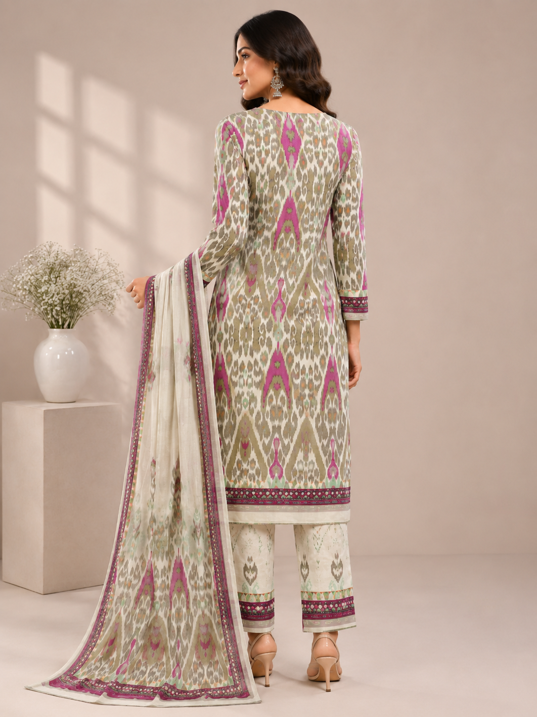 Women’s Multicolor Printed Unstitched Suit Set with Embroidered Neck, Matching Pants & Dupatta