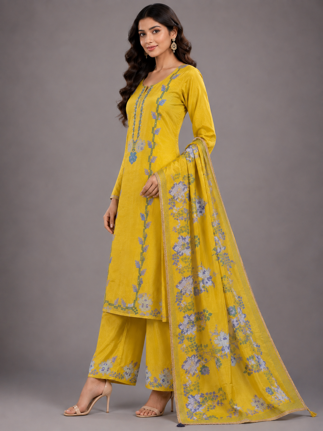 Women Mustard Yellow Thread Embroidered Unstitched Suit Set with Floral Border Detail & Matching Printed Dupatta