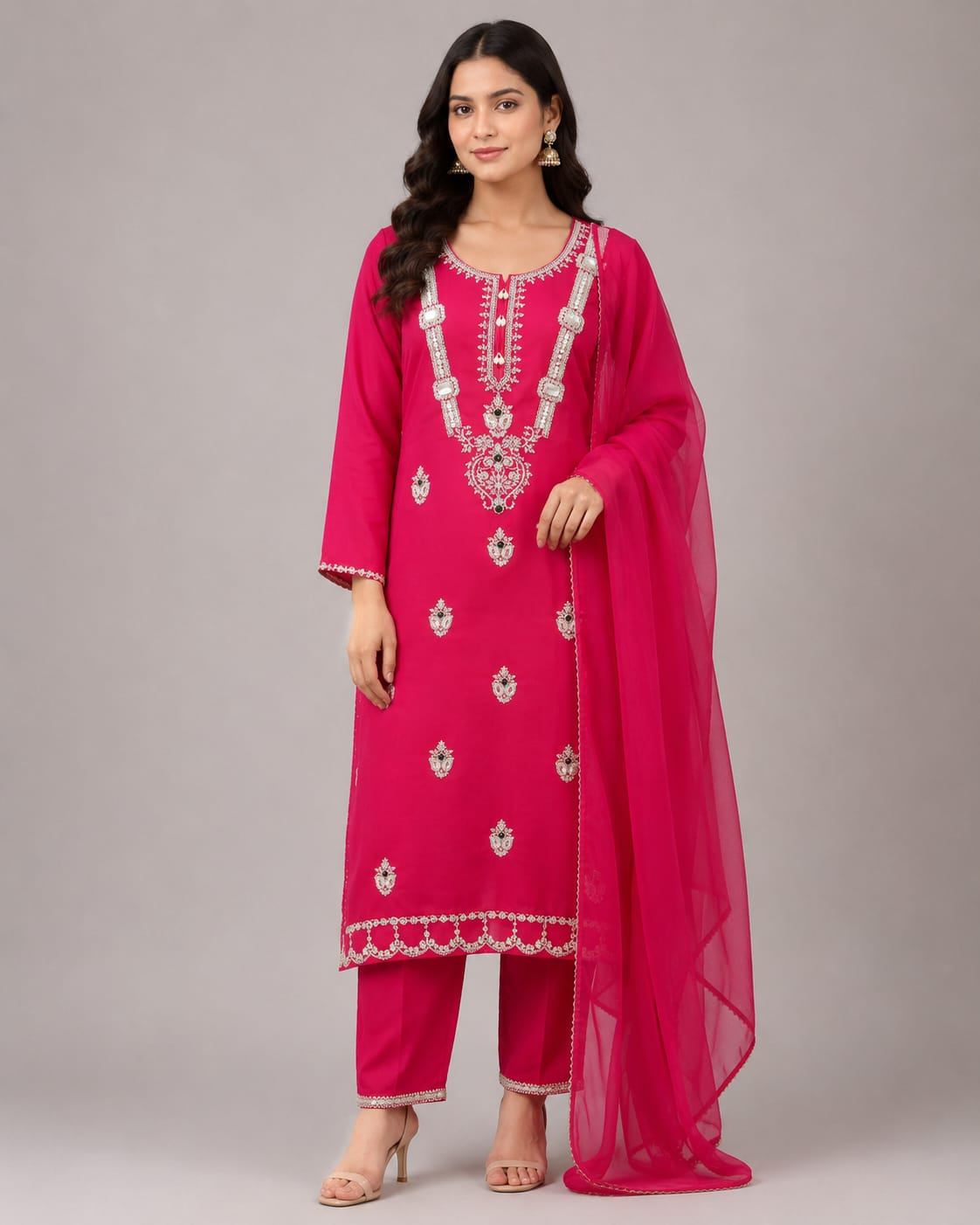 Women’s Rani Pink Embroidered Roman Silk Kurta Set with Dupatta