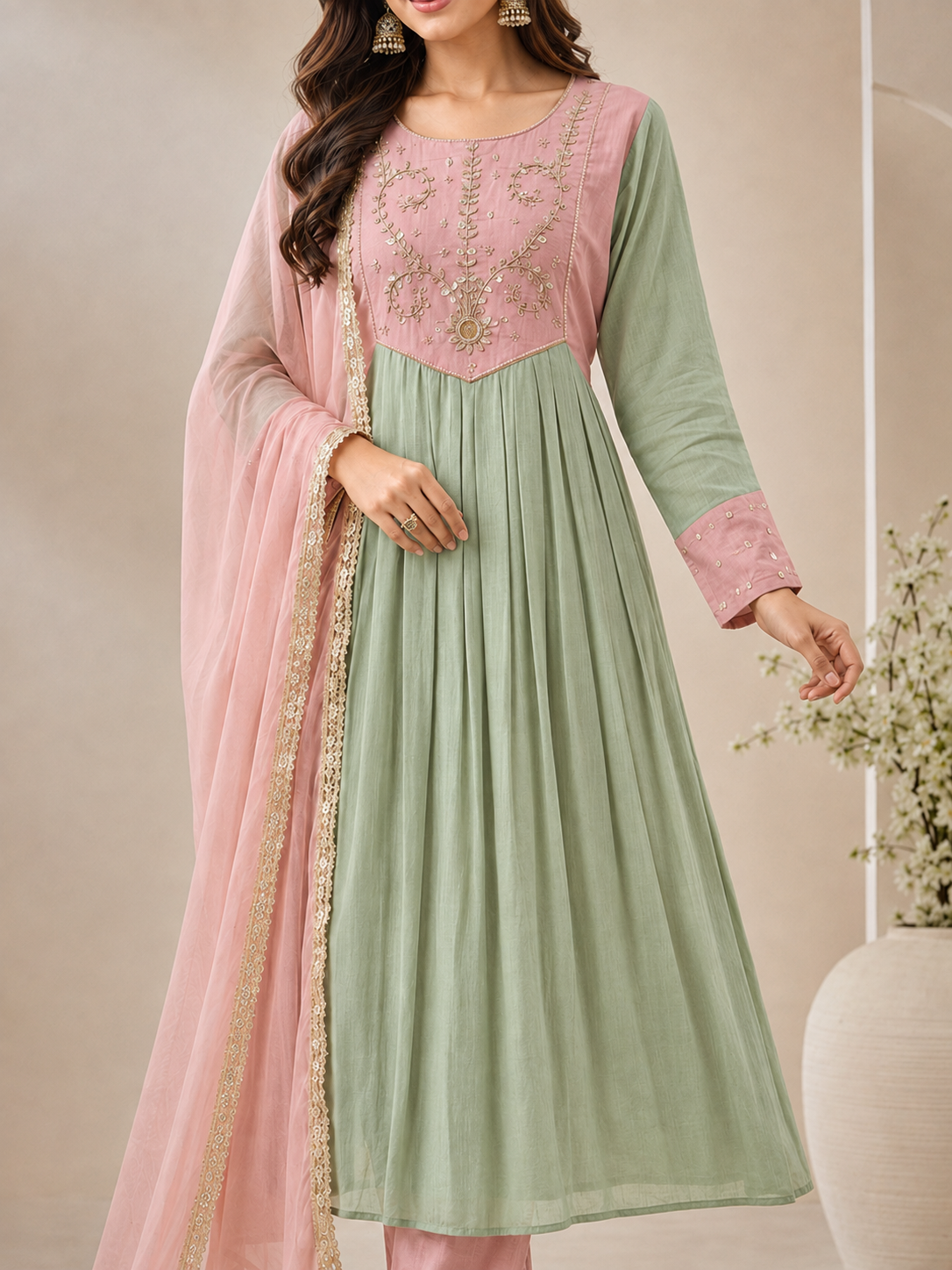 Women’s Pink & Green Alankari Style Embroidered Mul Chanderi Kurta Set with Dupatta