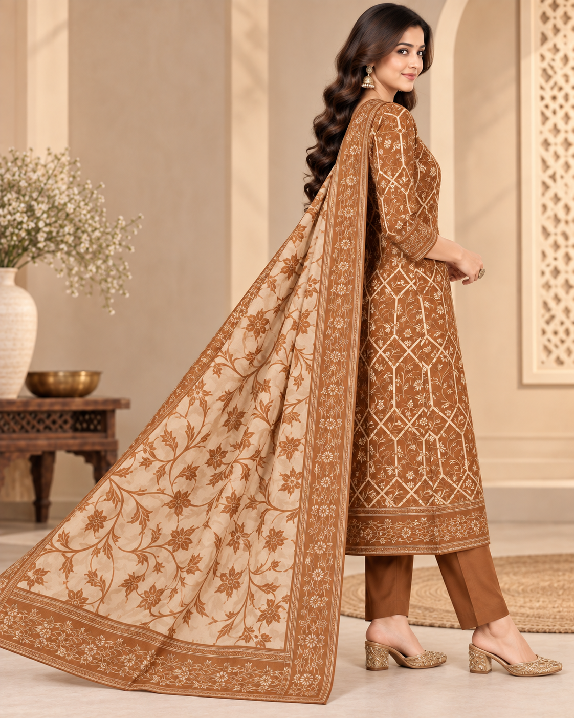 A woman models a traditional Indian salwar kameez suit set in a warm beige and brown tone. The kurta features intricate brown geometric and floral embroidery on a beige base, paired with matching brown trousers and a sheer beige dupatta with a wide brown floral border.