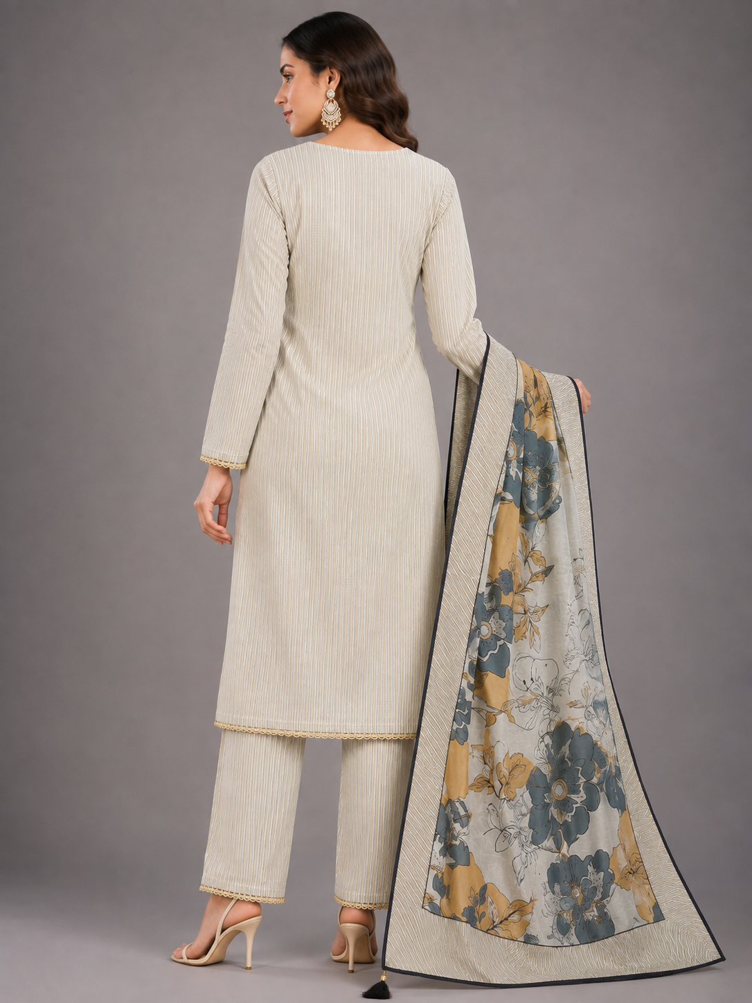 Off-White Pinstripe Floral Embroidered Unstitched Suit Set
