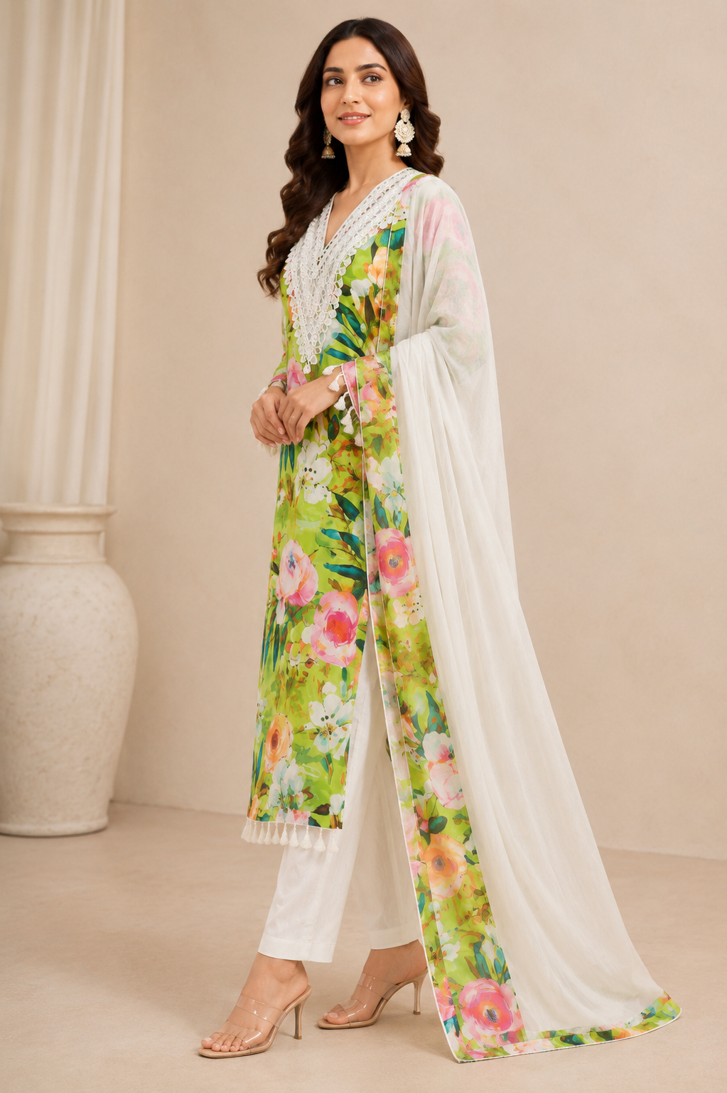 Women’s Green Floral Handwork Embroidered Cotton Kurta Set with Dupatta