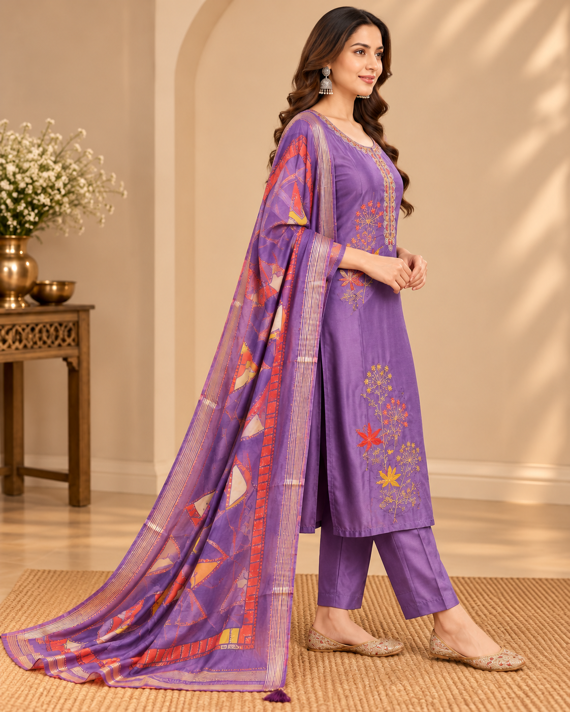 Women’s Royal Purple Floral Embroidered Readymade Suit Set with Matching Pants & Multicolor Geometric Print Dupatta | Designer Salwar Suit for Women