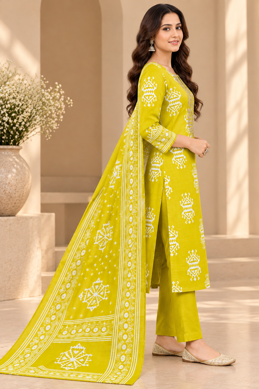 A woman models a bright yellow-green traditional Indian salwar kameez suit with white printed motifs and a matching dupatta, set against a warm beige background with a wooden side table and potted plants.