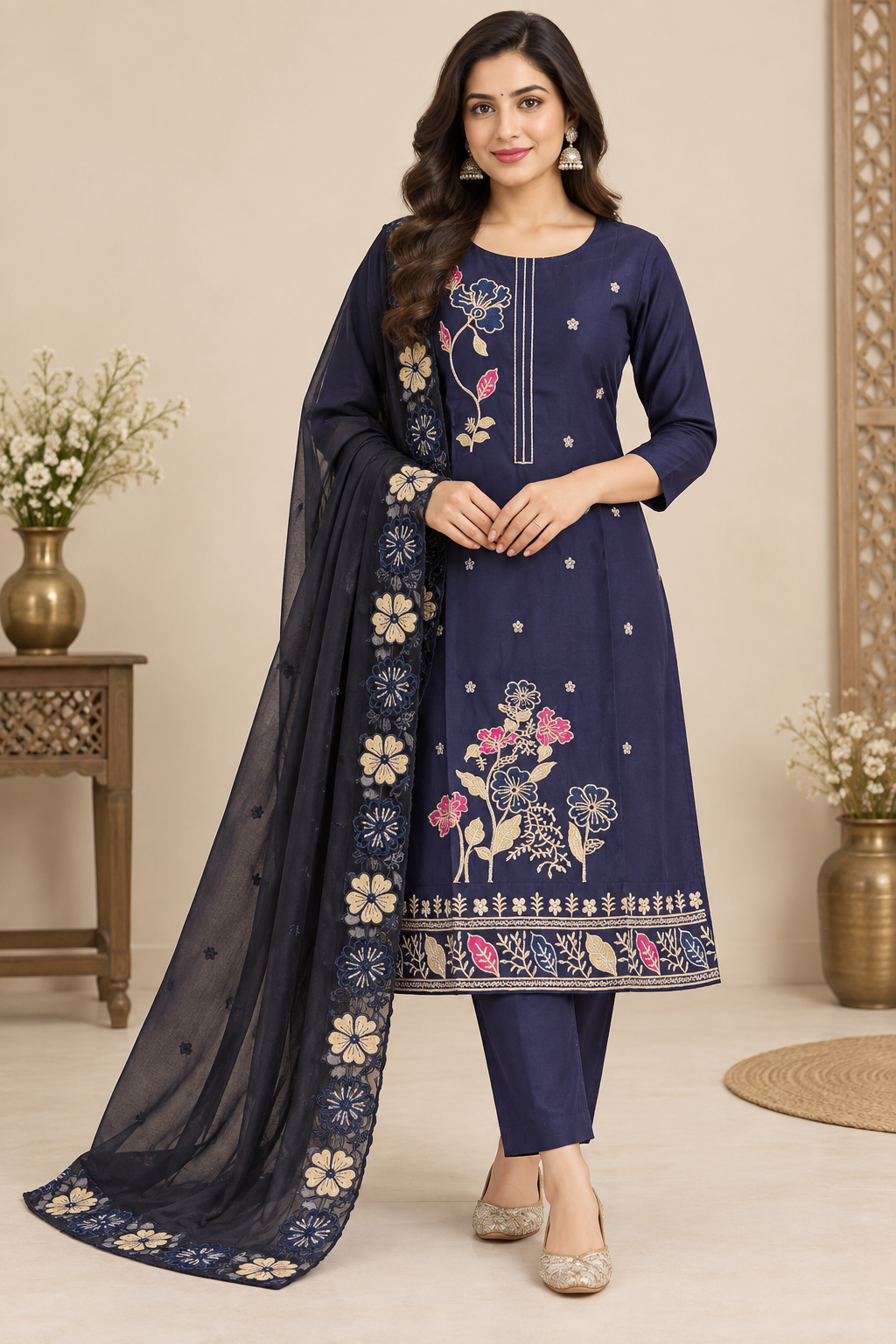 A woman models a navy blue ethnic salwar kameez suit with floral embroidery and a matching dupatta in a decorated indoor setting.
