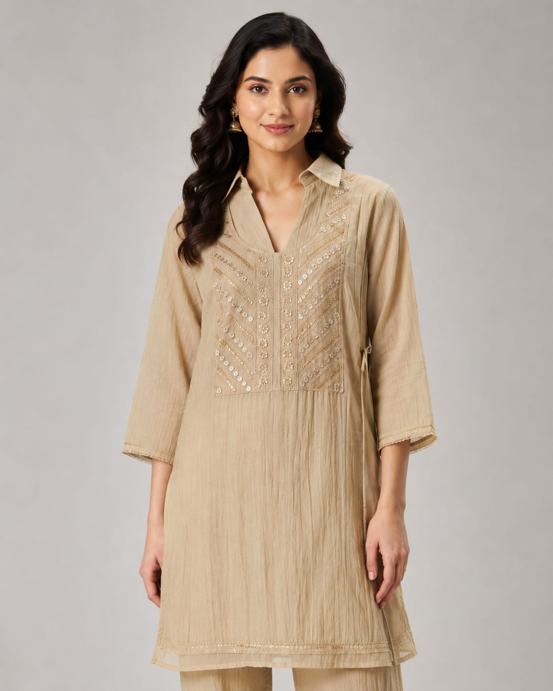 Women’s Beige Embroidered Straight Kurta Pant Set in Salsa Fabric