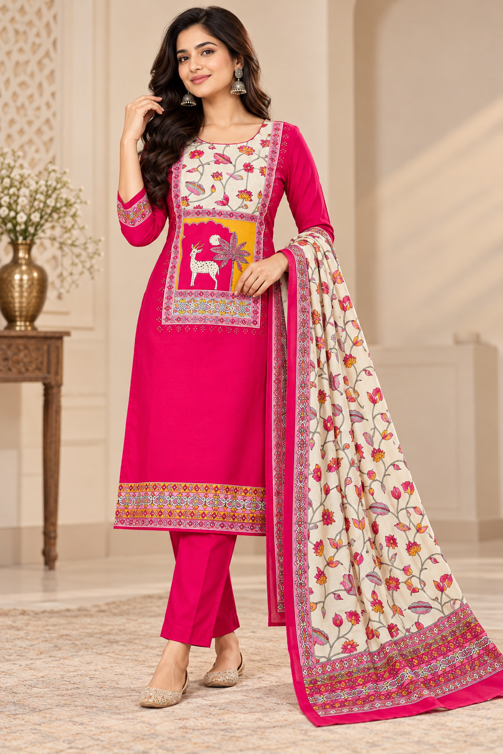 Women’s Rani Pink Printed Ethnic Suit Set with Cream Floral Dupatta, Deer Motif Front Design and Matching Bottom
