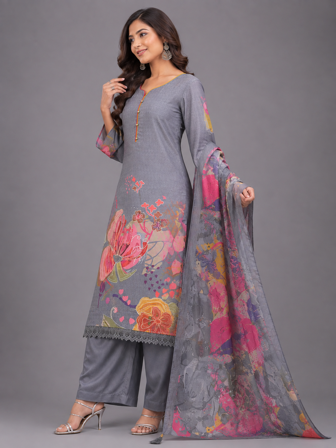 Women Grey Abstract Floral Printed Unstitched Suit Set with Piping Placket Detail & Printed Dupatta