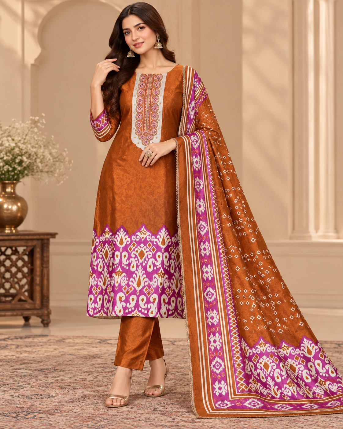 A woman models a traditional Indian salwar kameez suit set in a warm indoor setting. The set features a burnt orange kurta with a white and magenta embroidered yoke and border, matching orange trousers, and a coordinating orange dupatta with a magenta and white patterned border.