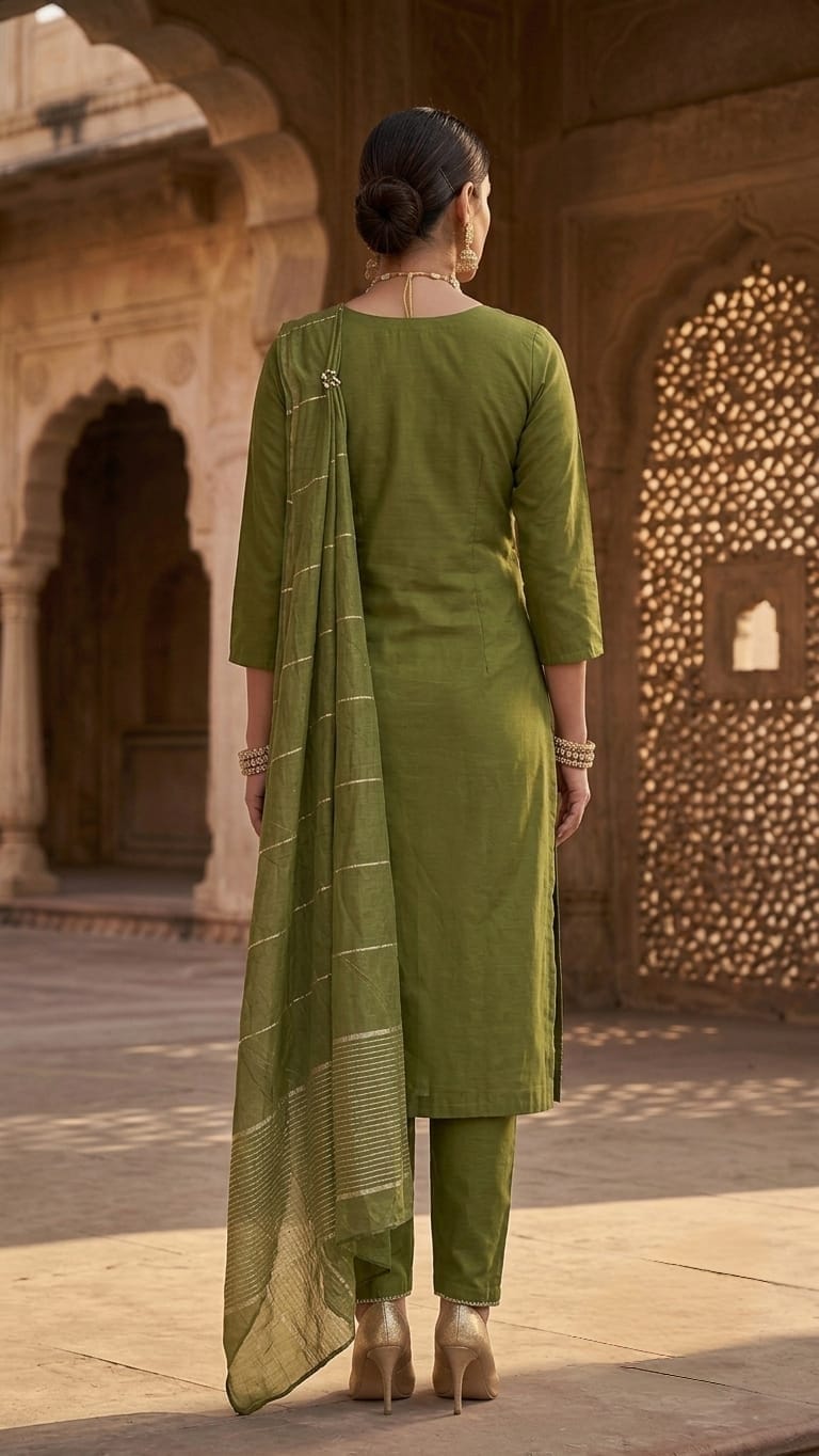 A woman models an olive green ethnic salwar kameez suit with matching dupatta in an outdoor architectural setting. The suit features silver embroidery on the neckline and hem, paired with olive green trousers.