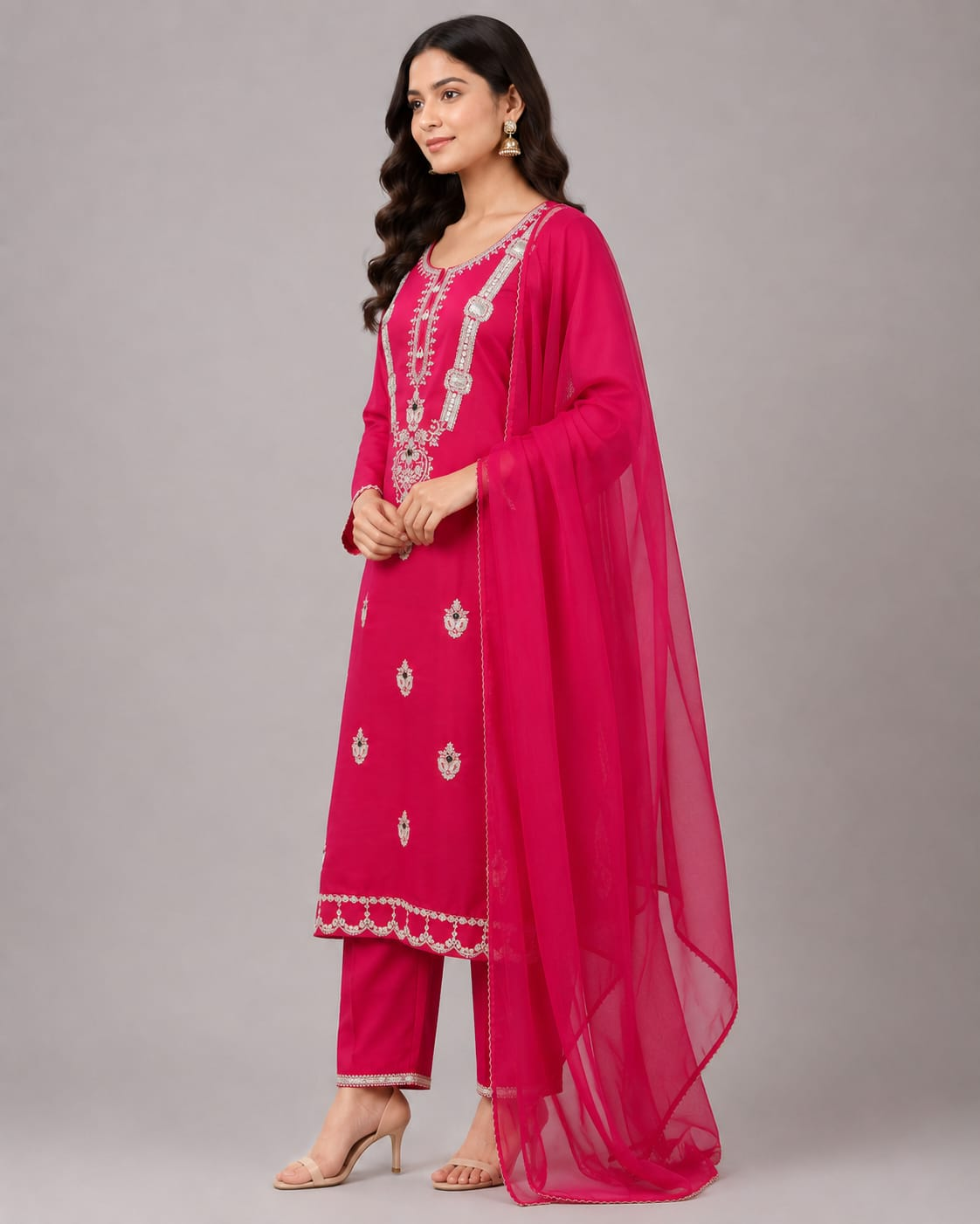 Women’s Rani Pink Embroidered Roman Silk Kurta Set with Dupatta