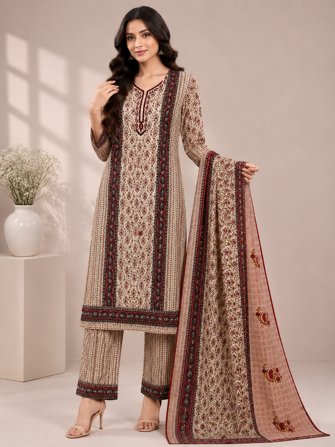 Women’s Brown Printed Unstitched Suit Set with Matching Pants & Printed Dupatta