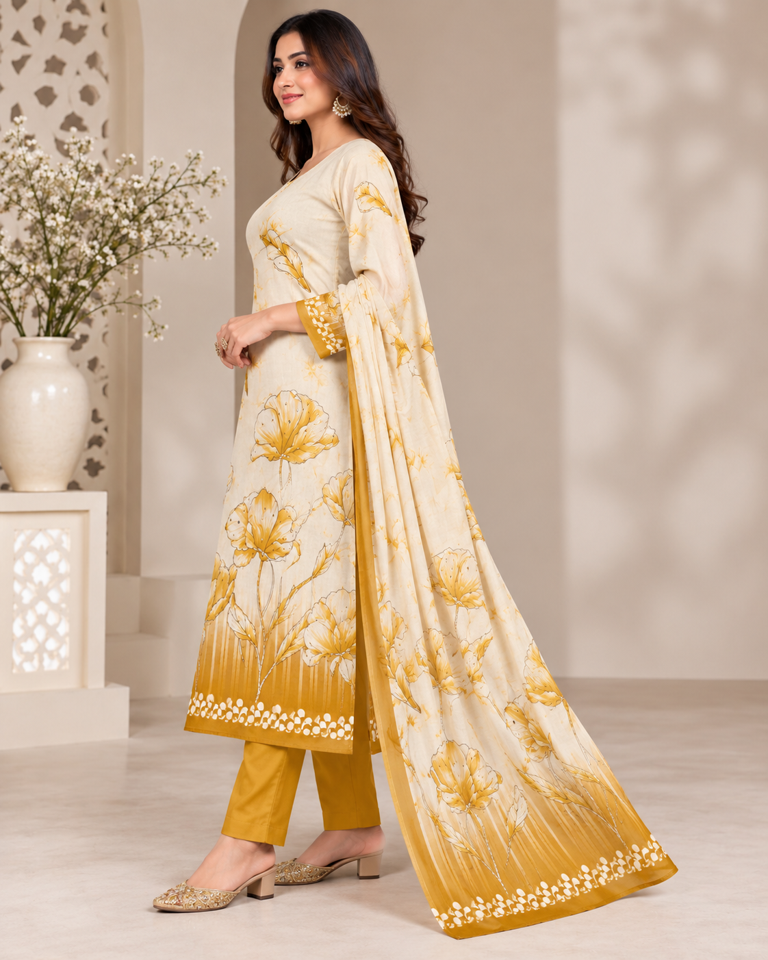 Cream and Mustard Yellow Floral Printed Unstitched Salwar Suit Set with Matching Dupatta for Women
