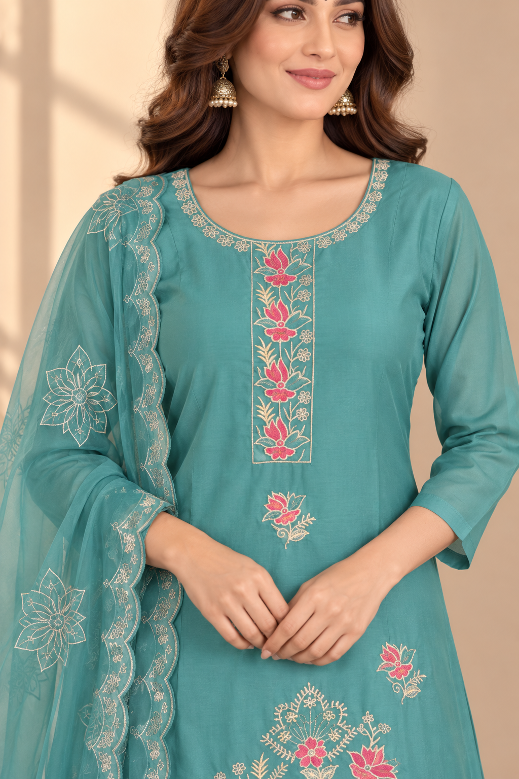 Teal Blue Floral Embroidered 3-Piece Suit Set, Floral Embroidery Kurta with Matching Pant & Dupatta