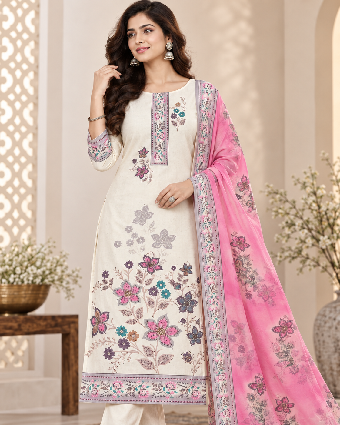 Ivory Floral Printed Suit Fabric, Pink Floral Printed Dupatta Dress Materiall, Designer Fabric Printed Suit Material with Dupatta | Ethnic Dress Material