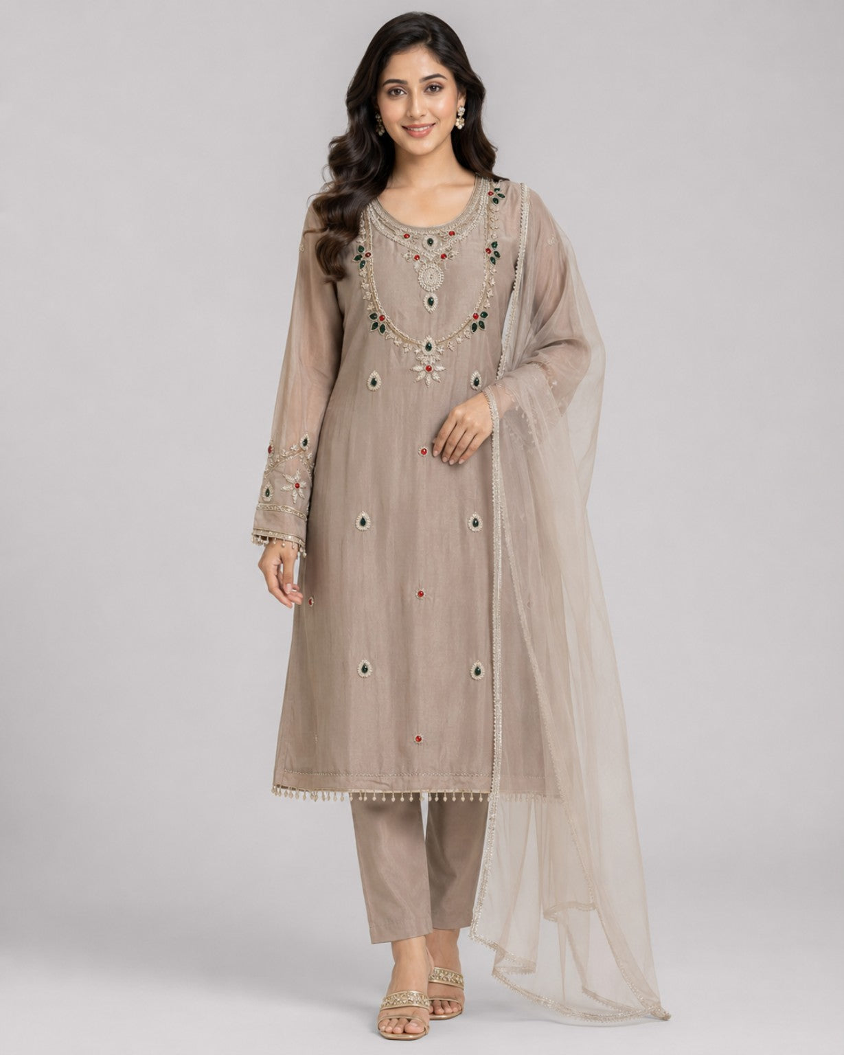 Women’s Beige Embroidered Kora Silk Kurta Set with Organza Dupatta