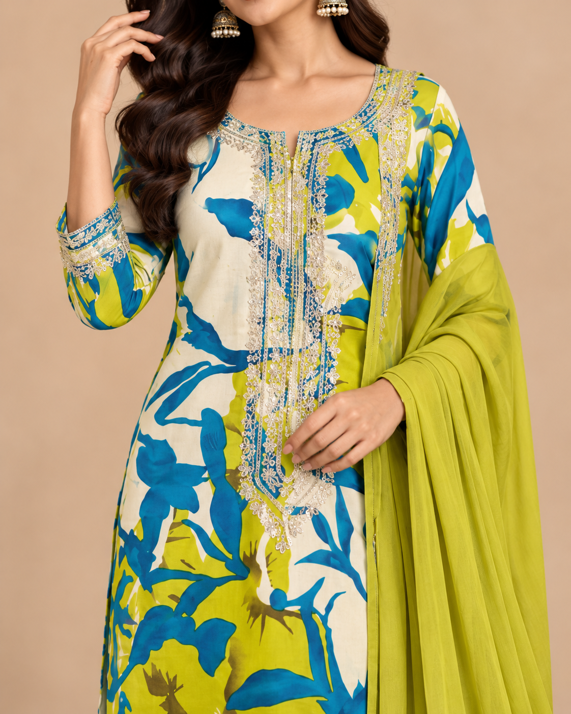 Women’s Lime Green & Blue Floral Printed Suit Fabric with Embroidered Neck & Matching Dupatta | Ethnic Dress Material