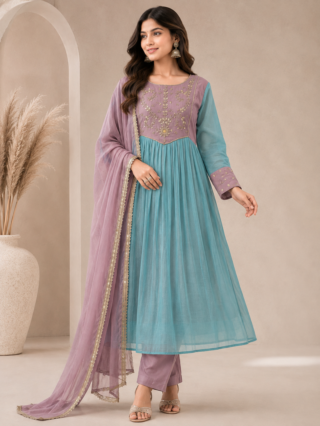 Women’s Purple & Turquoise Alankari Style Embroidered Mul Chanderi Kurta Set with Dupatta
