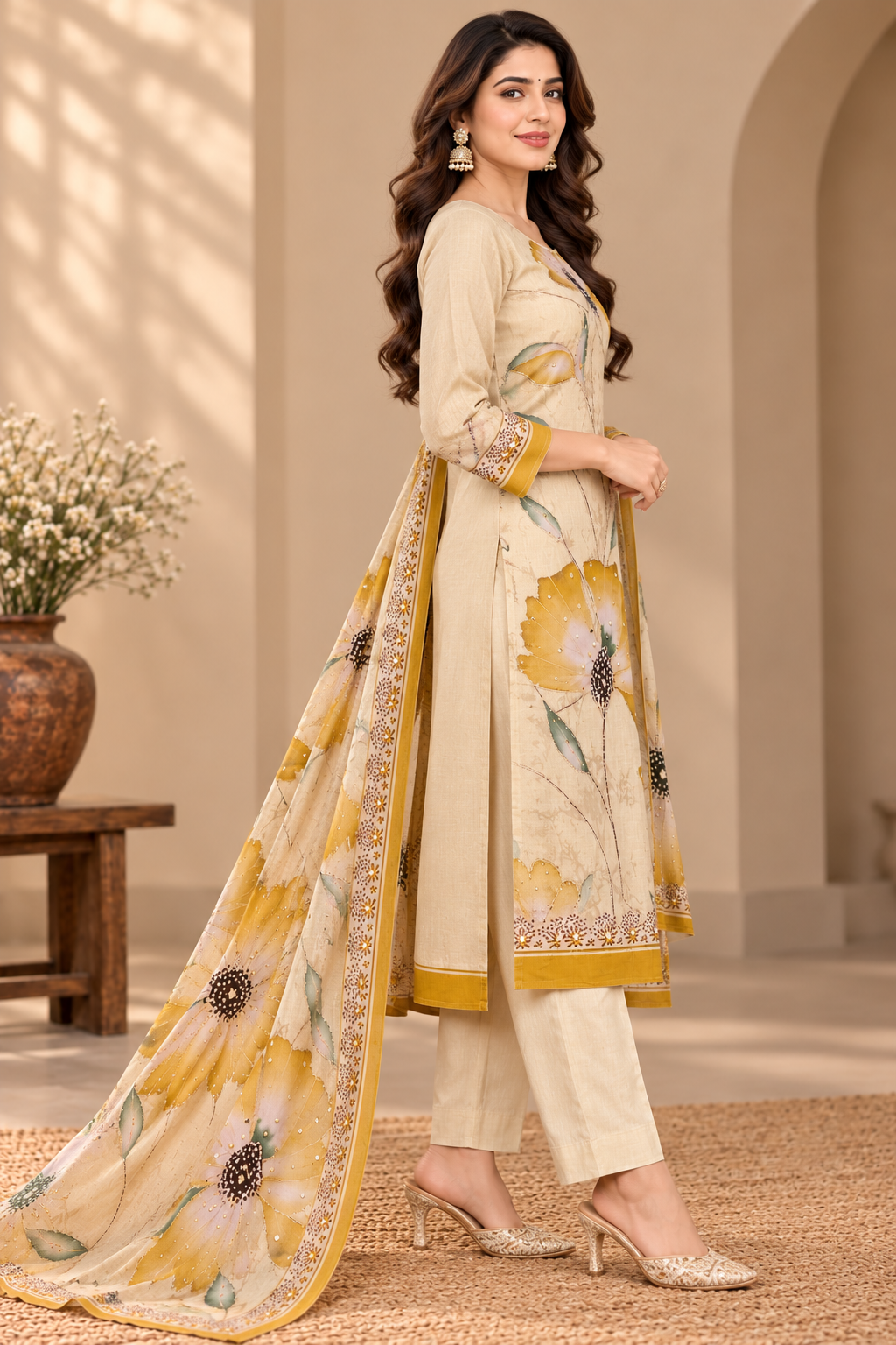 A woman models a traditional Indian salwar kameez suit set in a warm, neutral-toned indoor setting. The set features a cream-colored kurta and trousers with a large yellow and green floral print, a matching dupatta, and gold embroidered borders.
