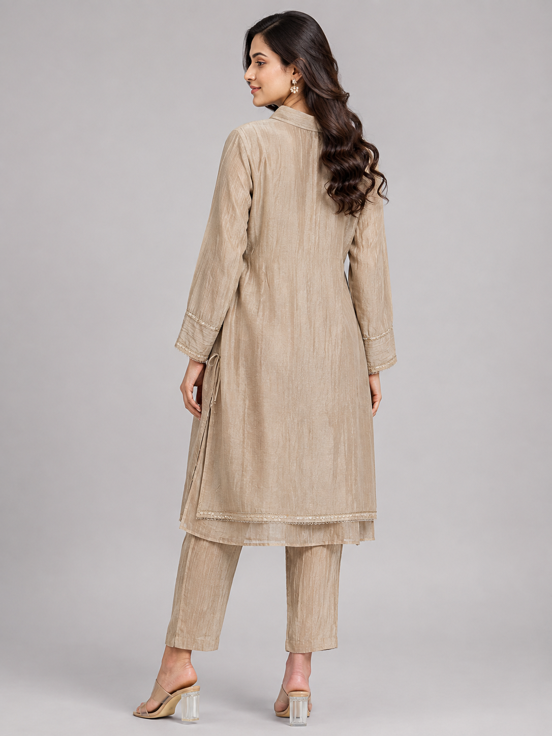 Women’s Beige Embroidered Straight Kurta Pant Set in Salsa Fabric