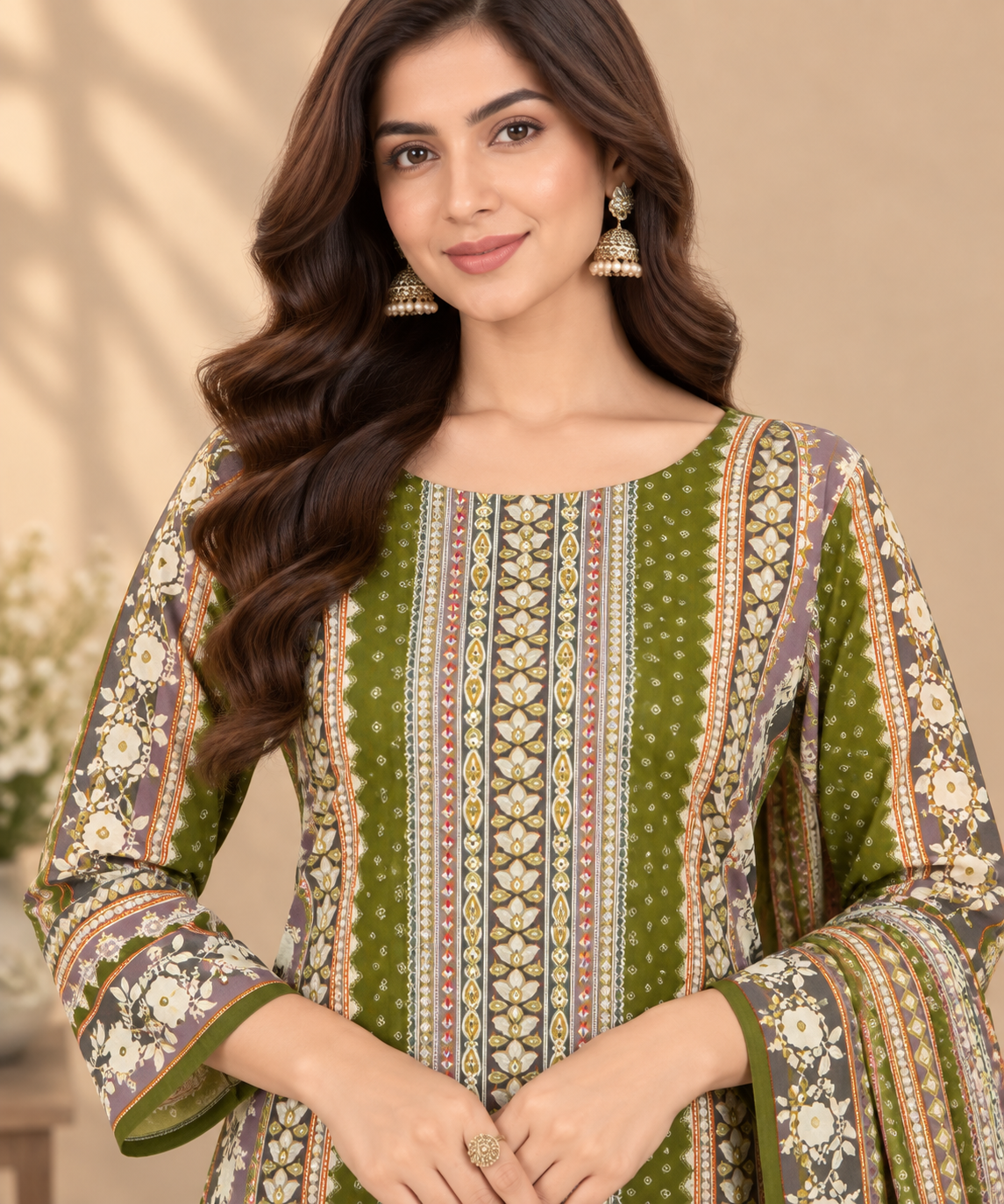 A woman models a three-piece olive green salwar kameez suit with intricate multicolor embroidery and a matching dupatta, set against a warm beige background with a rustic wooden table and vase.