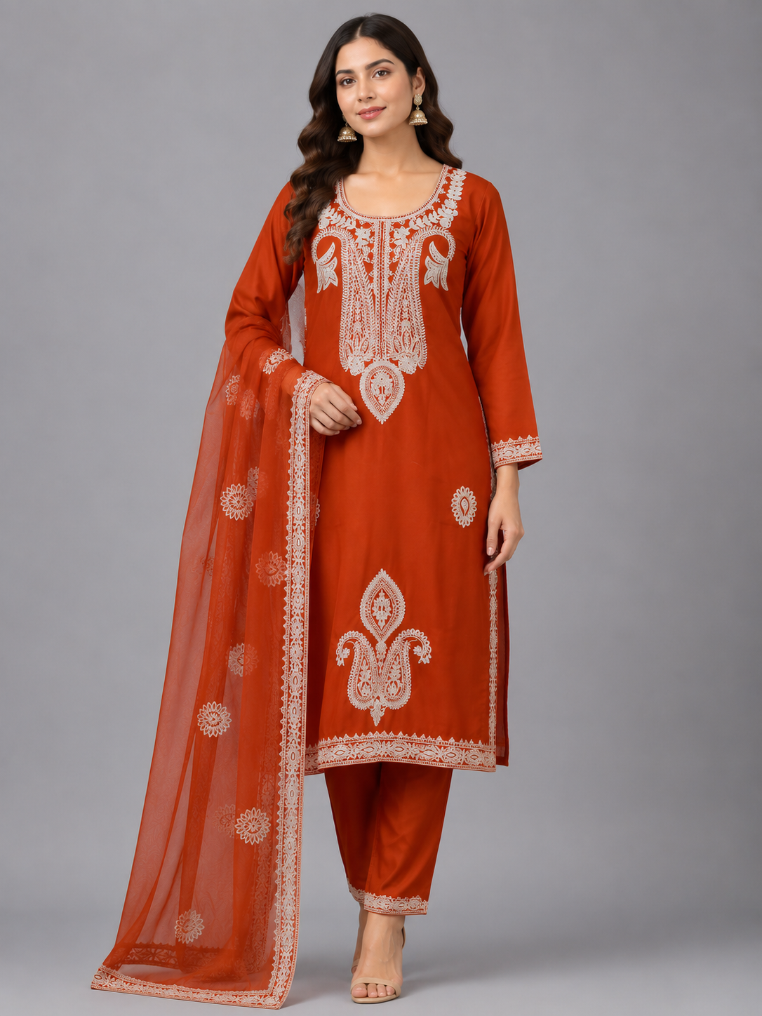 Rust Orange Embroidered Straight-Cut Suit Set with Matching Organza Dupatta