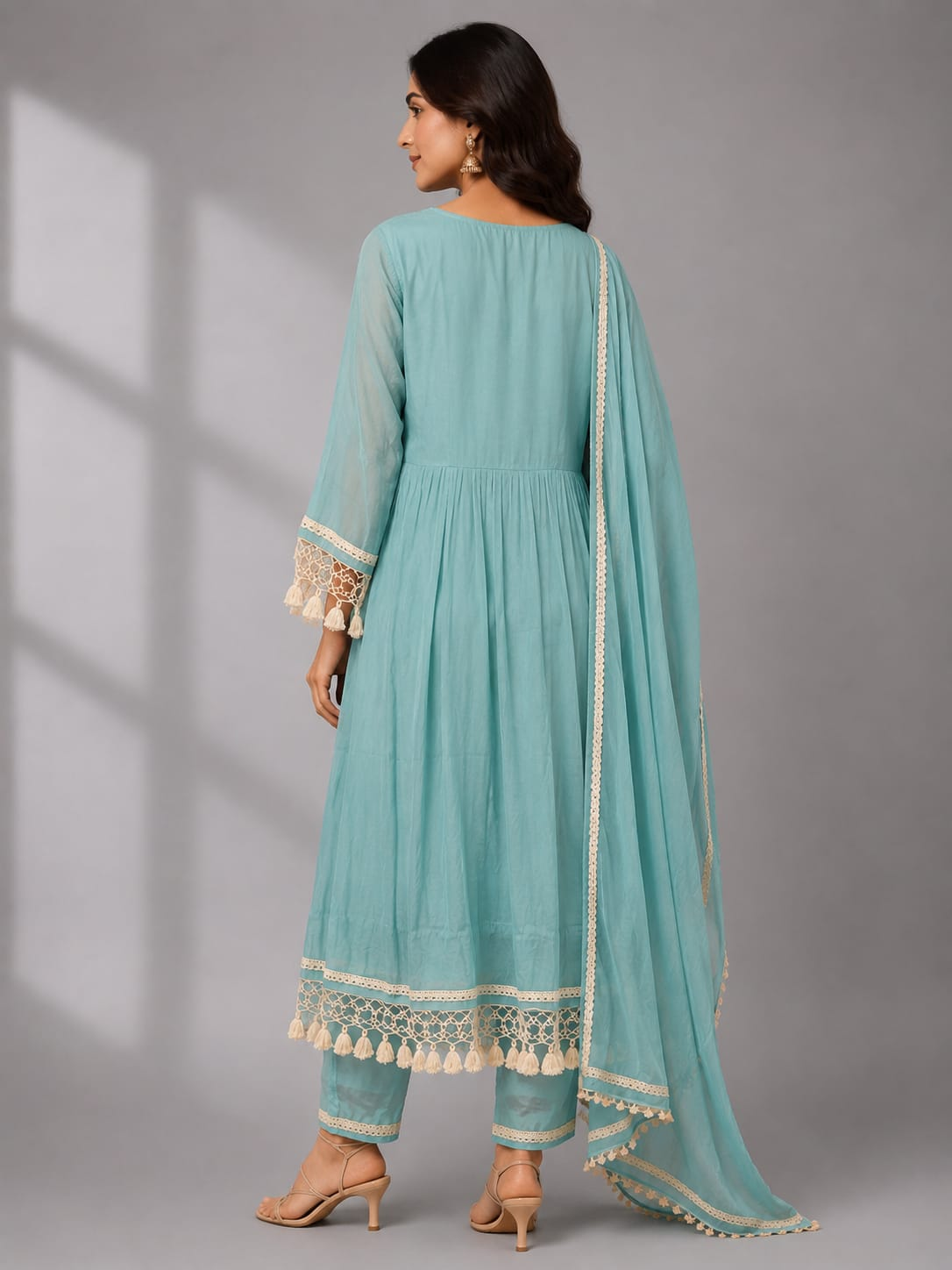 Women’s Sky Blue Floral Embroidered Mul Chanderi Kurta Pant Set with Matching Dupatta
