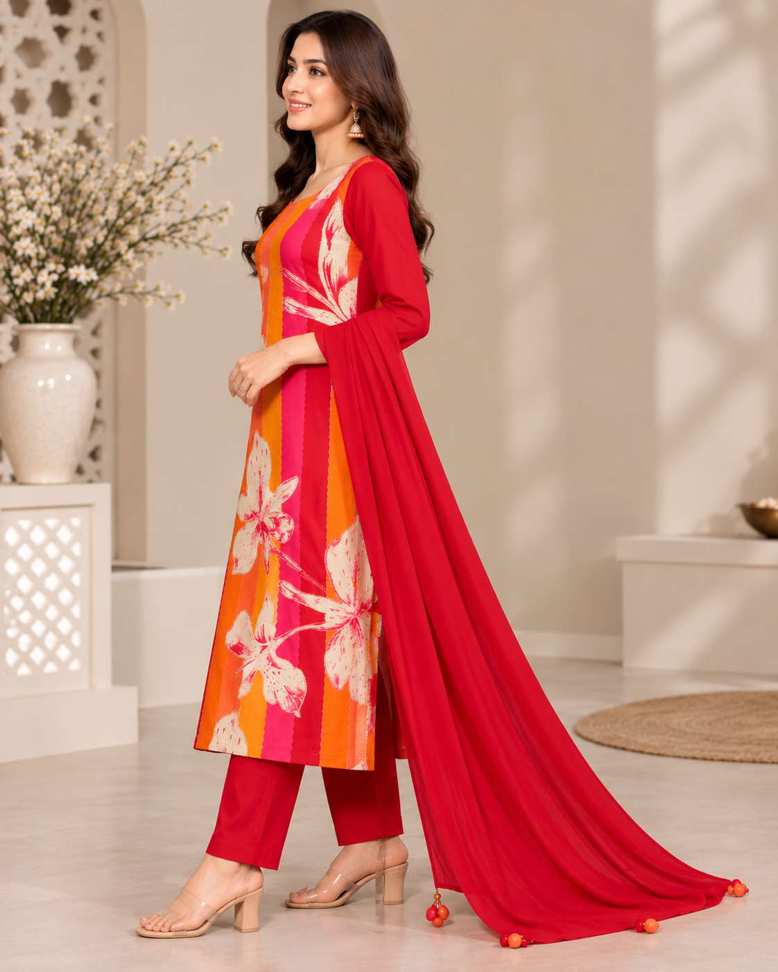 Red Orange Pink Floral Printed Unstitched Salwar Suit Set with Matching Designer Dupatta for Women