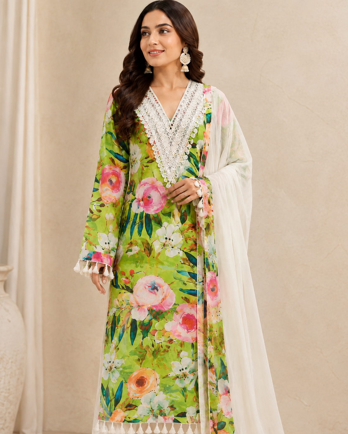 Women’s Green Floral Handwork Embroidered Cotton Kurta Set with Dupatta