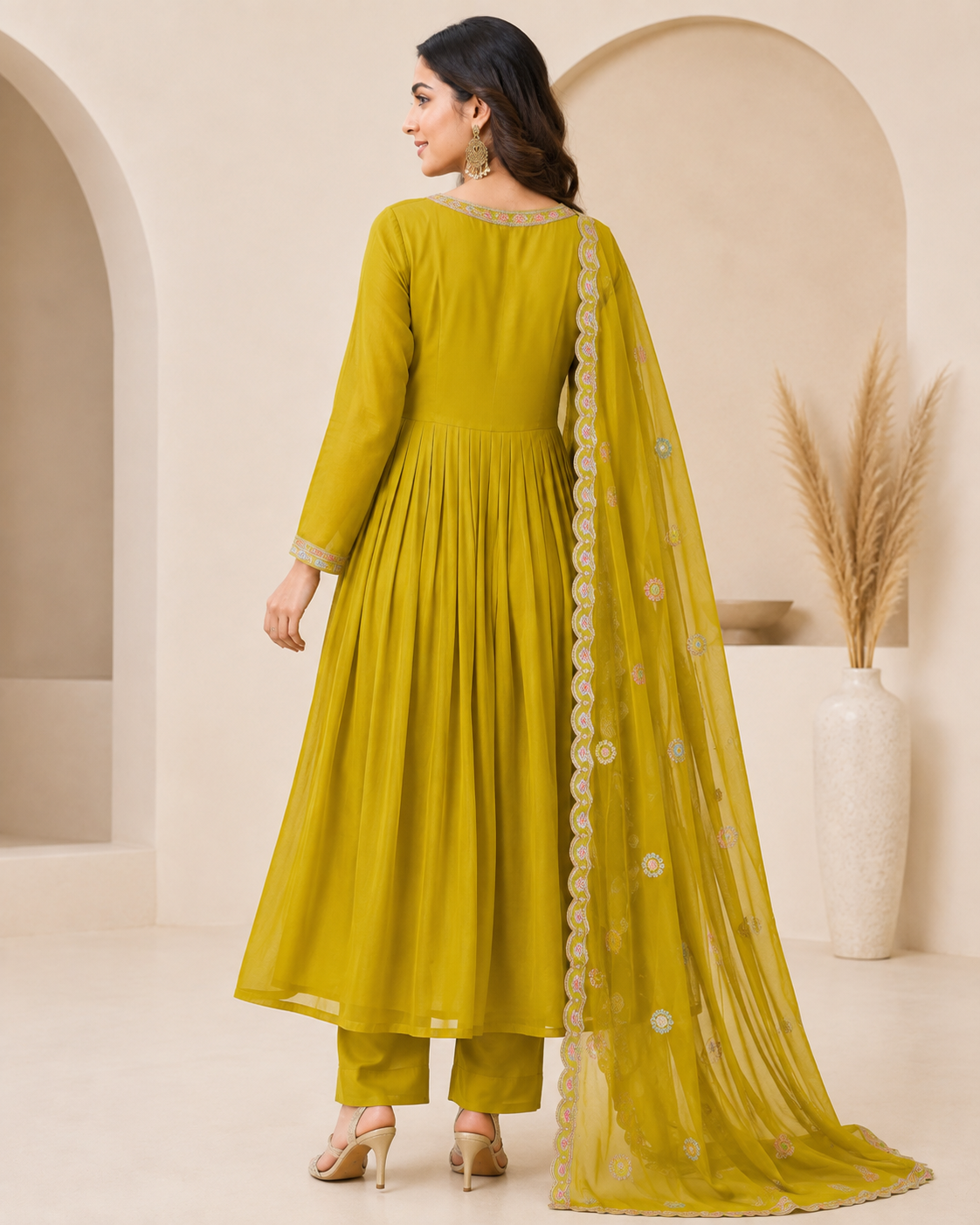 Women’s Mustard Yellow Embroidered Mul Chanderi Alankari Kurta Set with Dupatta