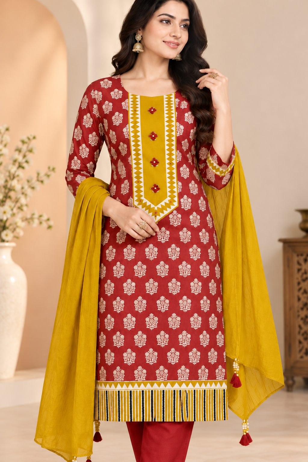 A woman models a traditional Indian salwar kameez suit set. The kurta is maroon red with a white floral pattern, featuring a yellow embroidered yoke with red buttons.