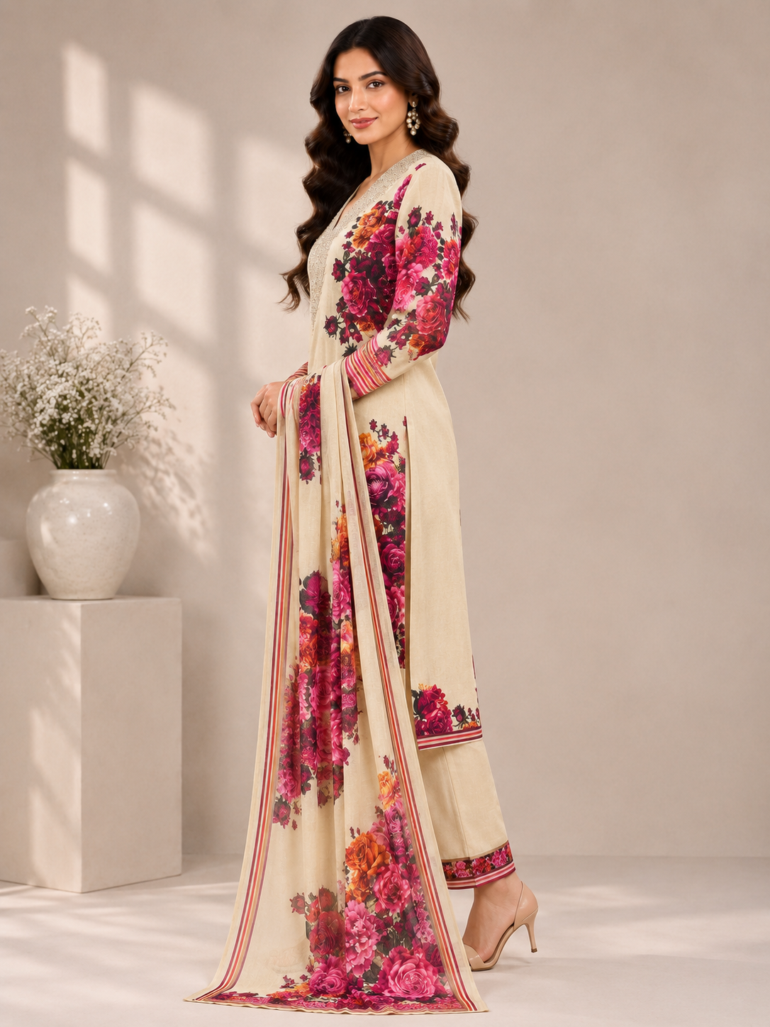 Women’s Cream Floral Printed Jam Satin Unstitched Suit Set with Embroidered Neck & Matching Dupatta