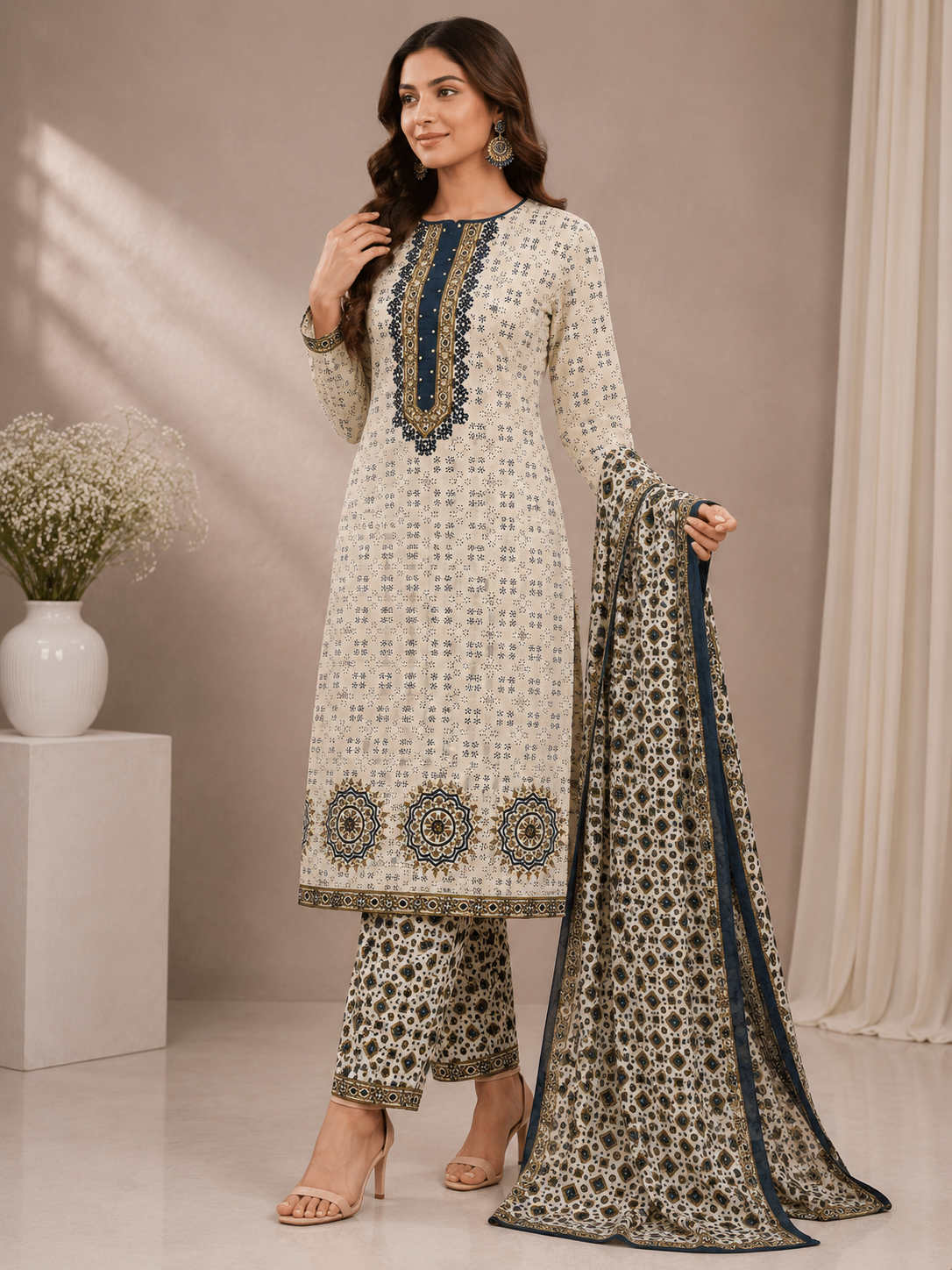 Women’s Cream & Navy Printed Unstitched Suit Set with Matching Pants & Dupatta