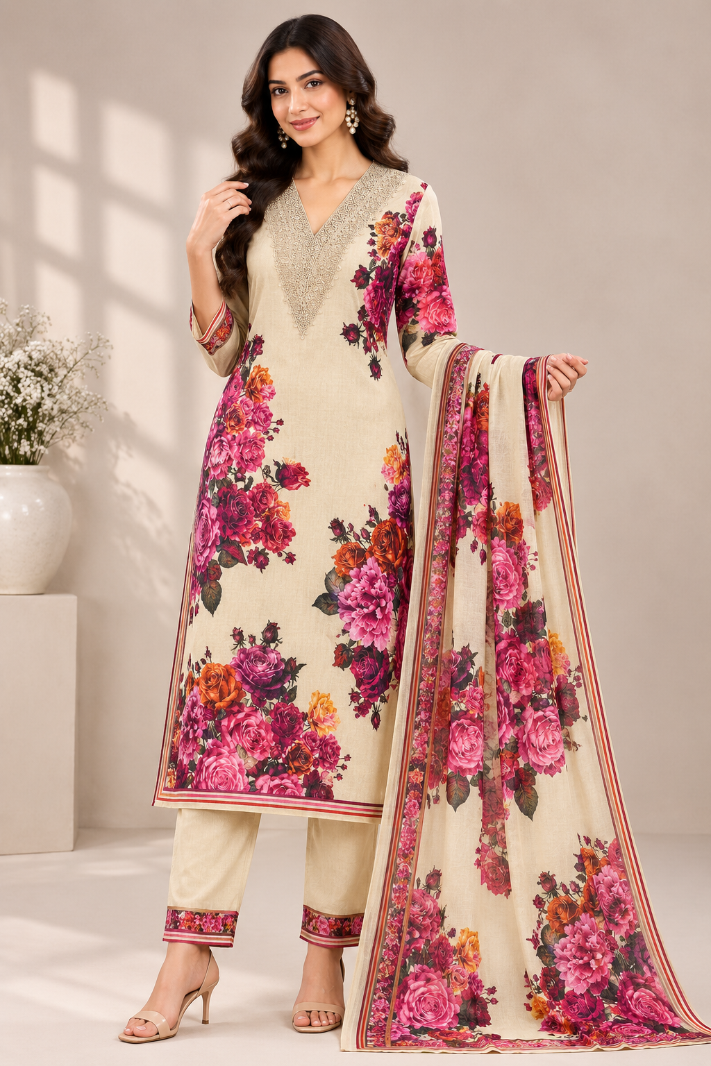Women’s Cream Floral Printed Jam Satin Unstitched Suit Set with Embroidered Neck & Matching Dupatta
