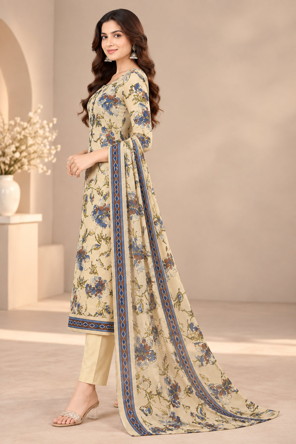 Women Cream Floral Printed Unstitched 3-Piece Suit Set with Blue Floral Print, Matching Bottom & Dupatta