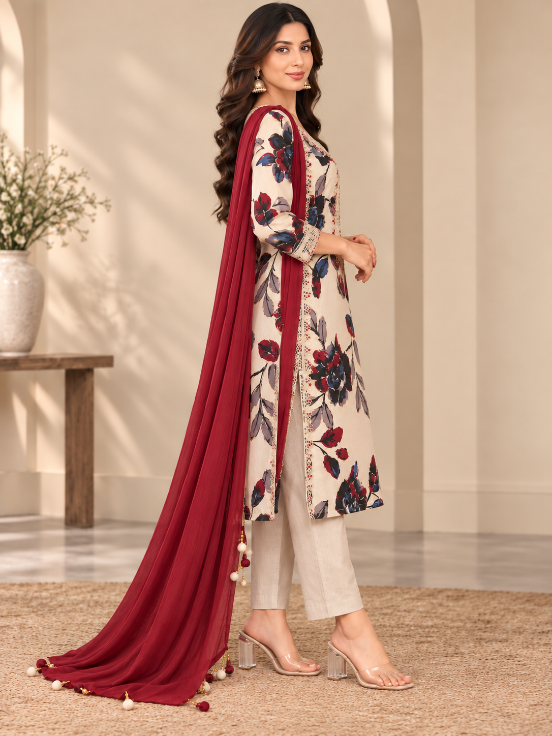 Women’s Floral Printed Ethnic Suit Material with Embroidered Neck Design