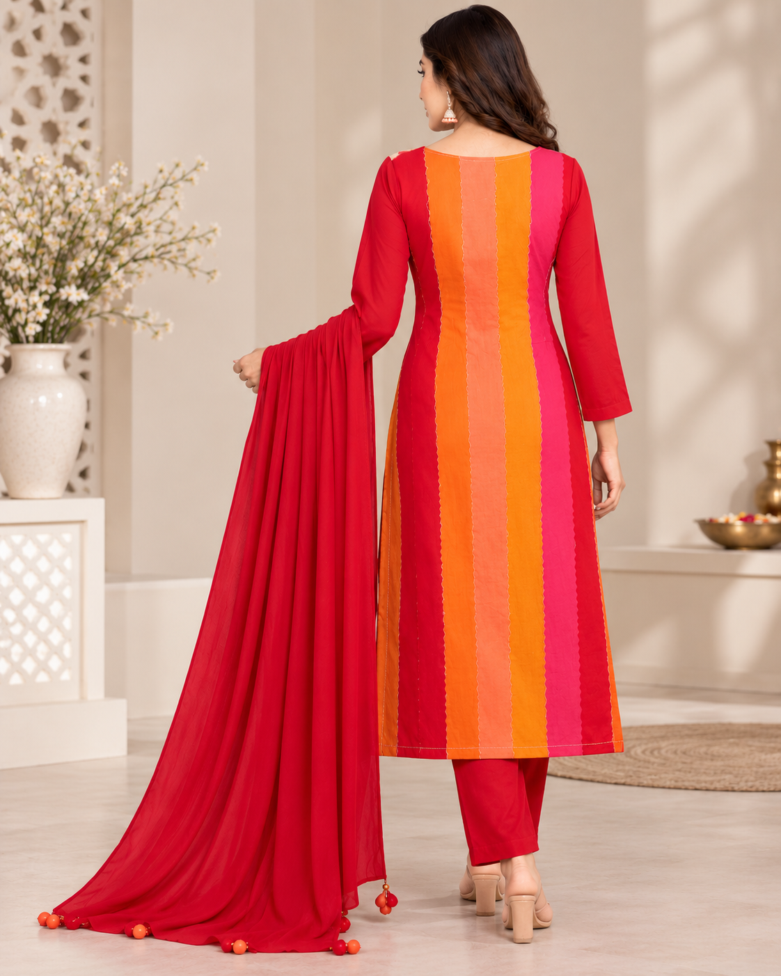 Red Orange Pink Floral Printed Unstitched Salwar Suit Set with Matching Designer Dupatta for Women