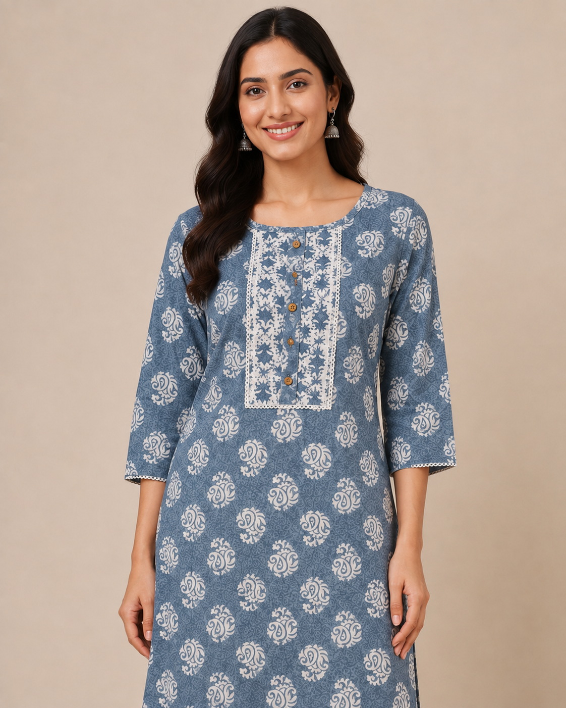 Women’s Blue Printed Cotton Kurta Pant Co-Ord Set | Straight Kurta & Printed Pants | Casual Ethnic Wear Set