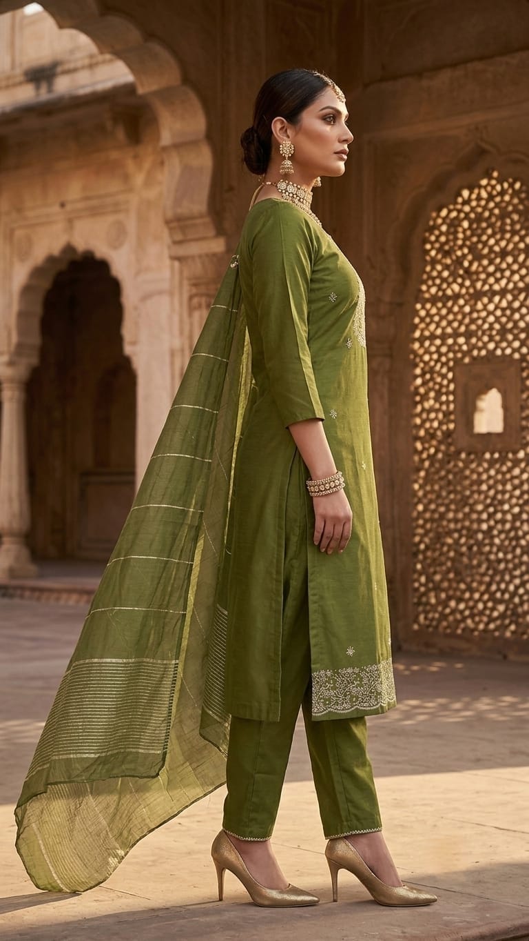 A woman models an olive green ethnic salwar kameez suit with matching dupatta in an outdoor architectural setting. The suit features silver embroidery on the neckline and hem, paired with olive green trousers.