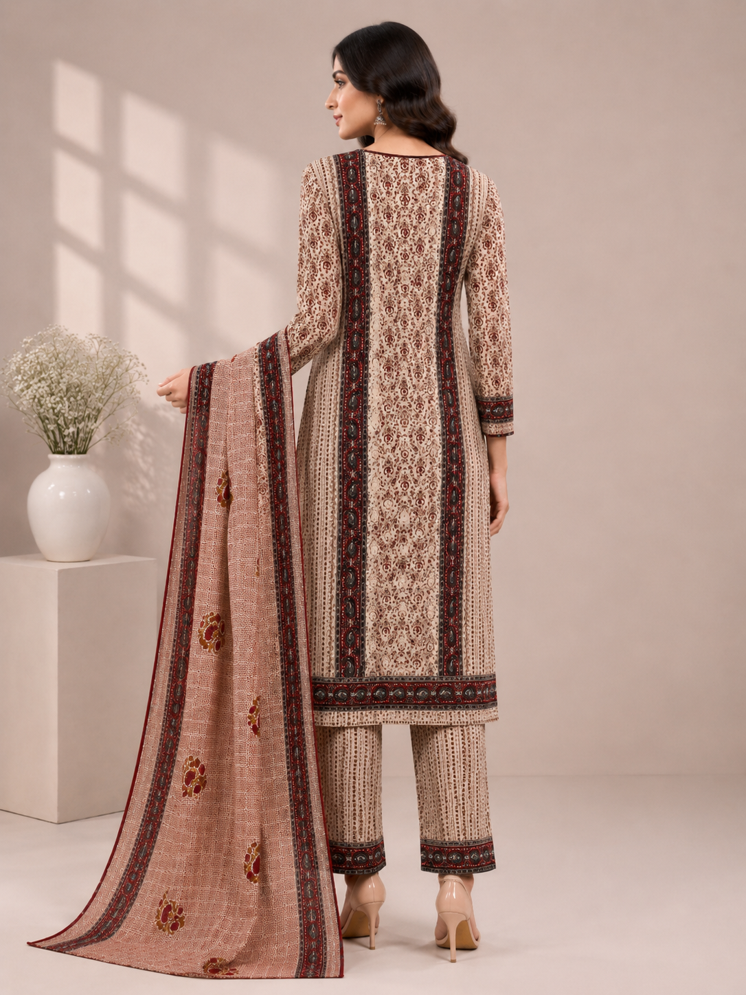 Women’s Brown Printed Unstitched Suit Set with Matching Pants & Printed Dupatta