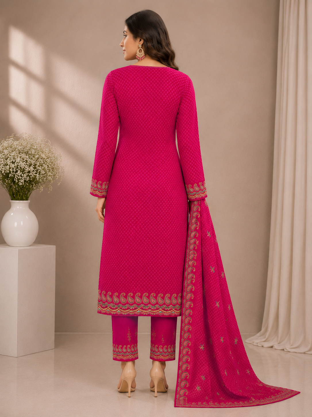 Women’s Magenta Printed Unstitched Suit Set with Designer Kurta, Matching Pants & Dupatta