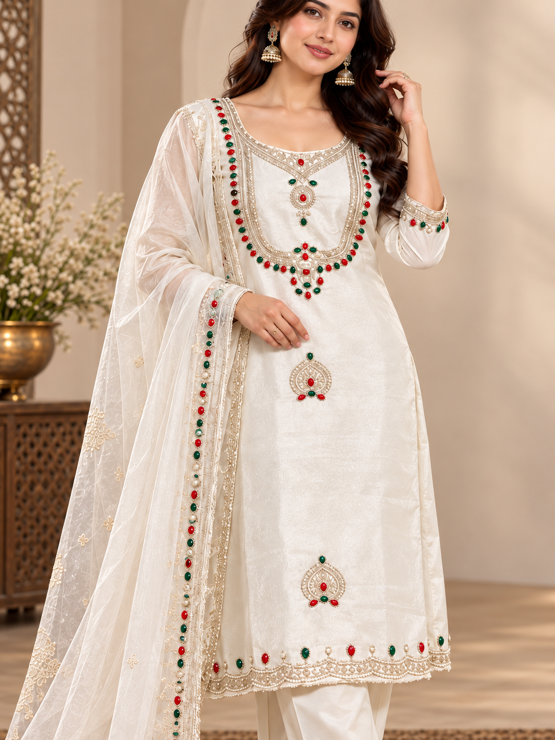 Elegant White Embroidered Readymade Suit Set with Matching Bottom & Dupatta | Party Wear Salwar Suit for Women