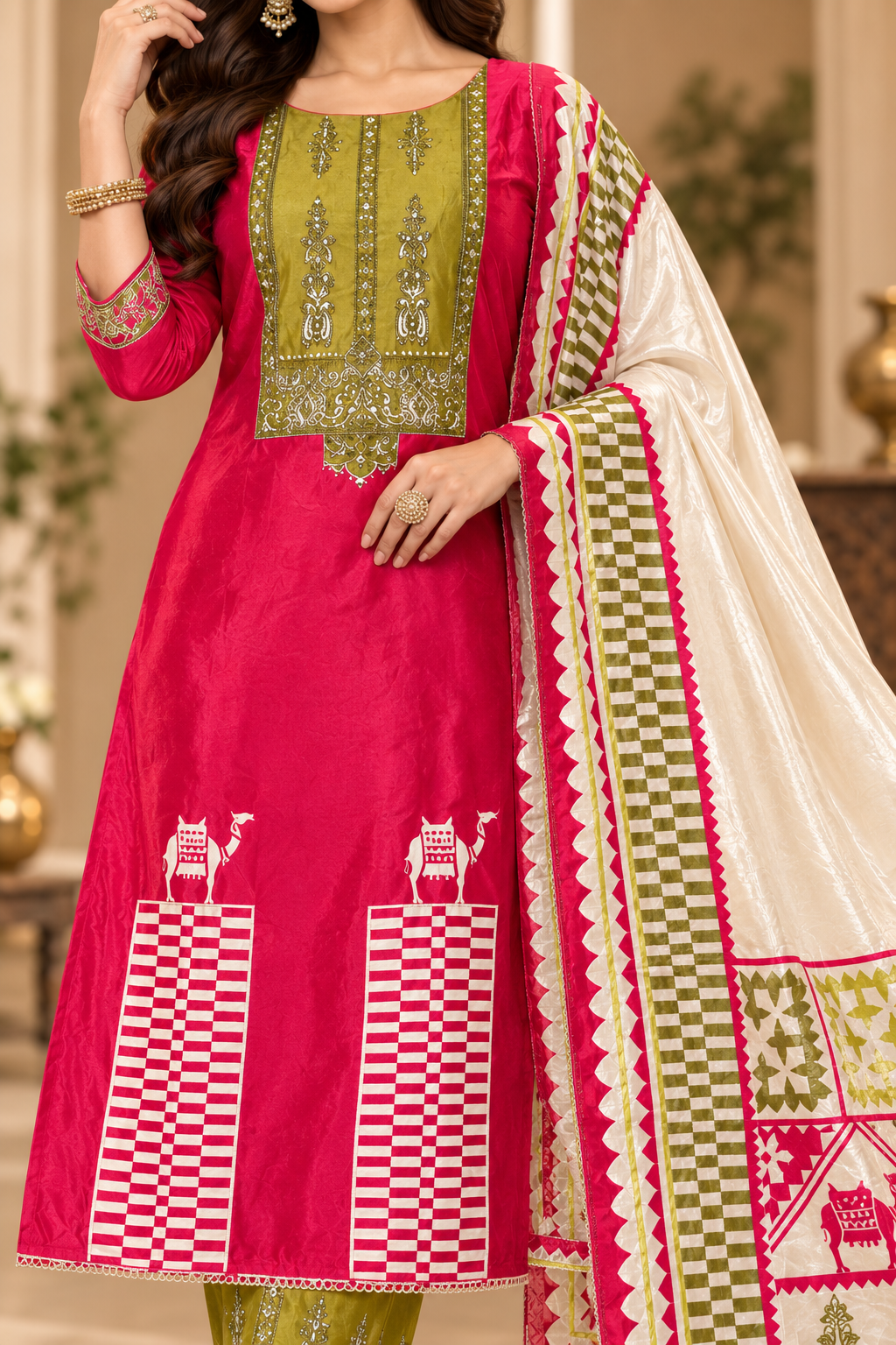 A woman models a traditional Indian salwar kameez suit in a grand indoor setting. The outfit features a bright pink kameez jacket with green and white geometric embroidery, matching olive green trousers, and a large cream-colored dupatta with detailed pink and green border patterns.