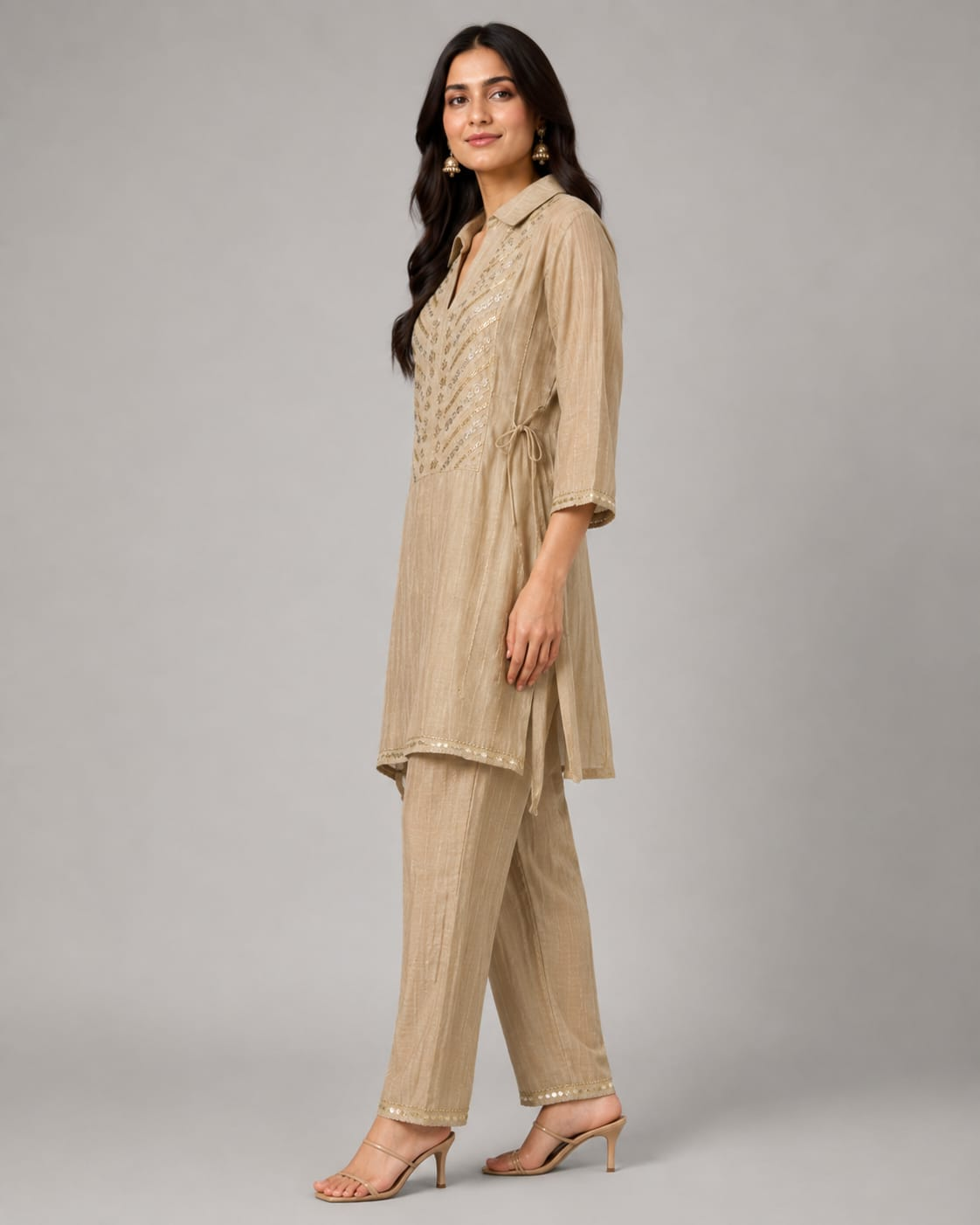 Women’s Beige Embroidered Straight Kurta Pant Set in Salsa Fabric