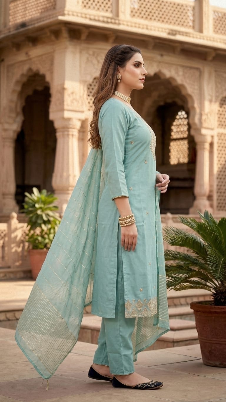 A woman models a light blue-green (mint/teal) traditional Indian salwar kameez suit with gold embroidery and a matching dupatta, set against a historic sandstone courtyard with arches.