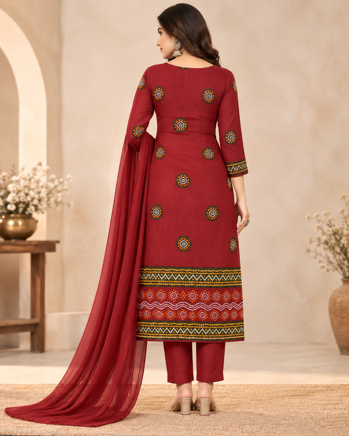 A woman models a traditional Indian salwar kameez suit in deep maroon. The kurta features intricate gold, green, and white embroidery around the neckline and a matching geometric border at the hem, paired with matching trousers and a flowing dupatta.