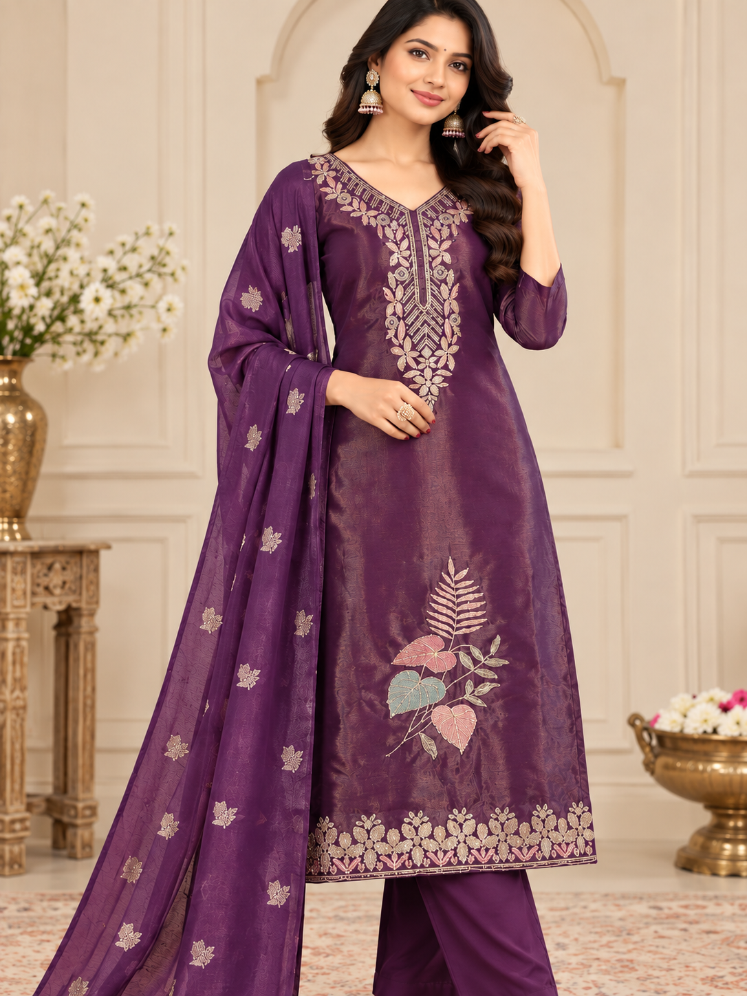 Women’s Purple Embroidered Readymade Suit Set with Matching Pant & Dupatta | 3 Piece Ethnic Wear Set