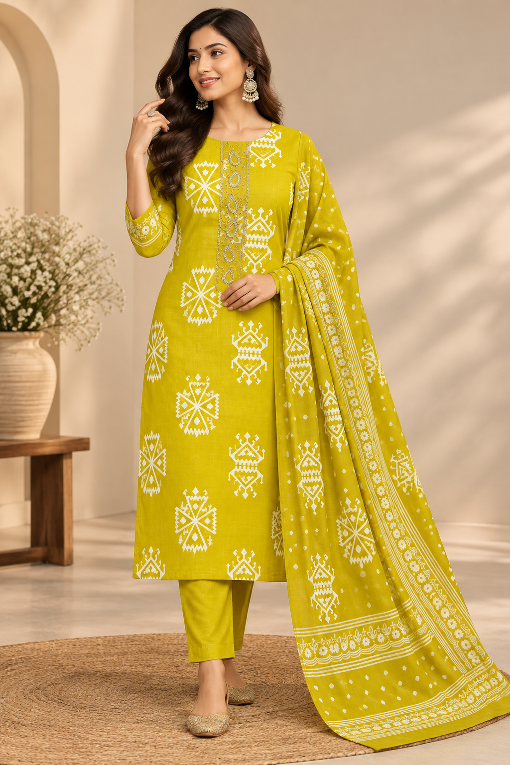 A woman models a bright yellow-green traditional Indian salwar kameez suit with white printed motifs and a matching dupatta, set against a warm beige background with a wooden side table and potted plants.